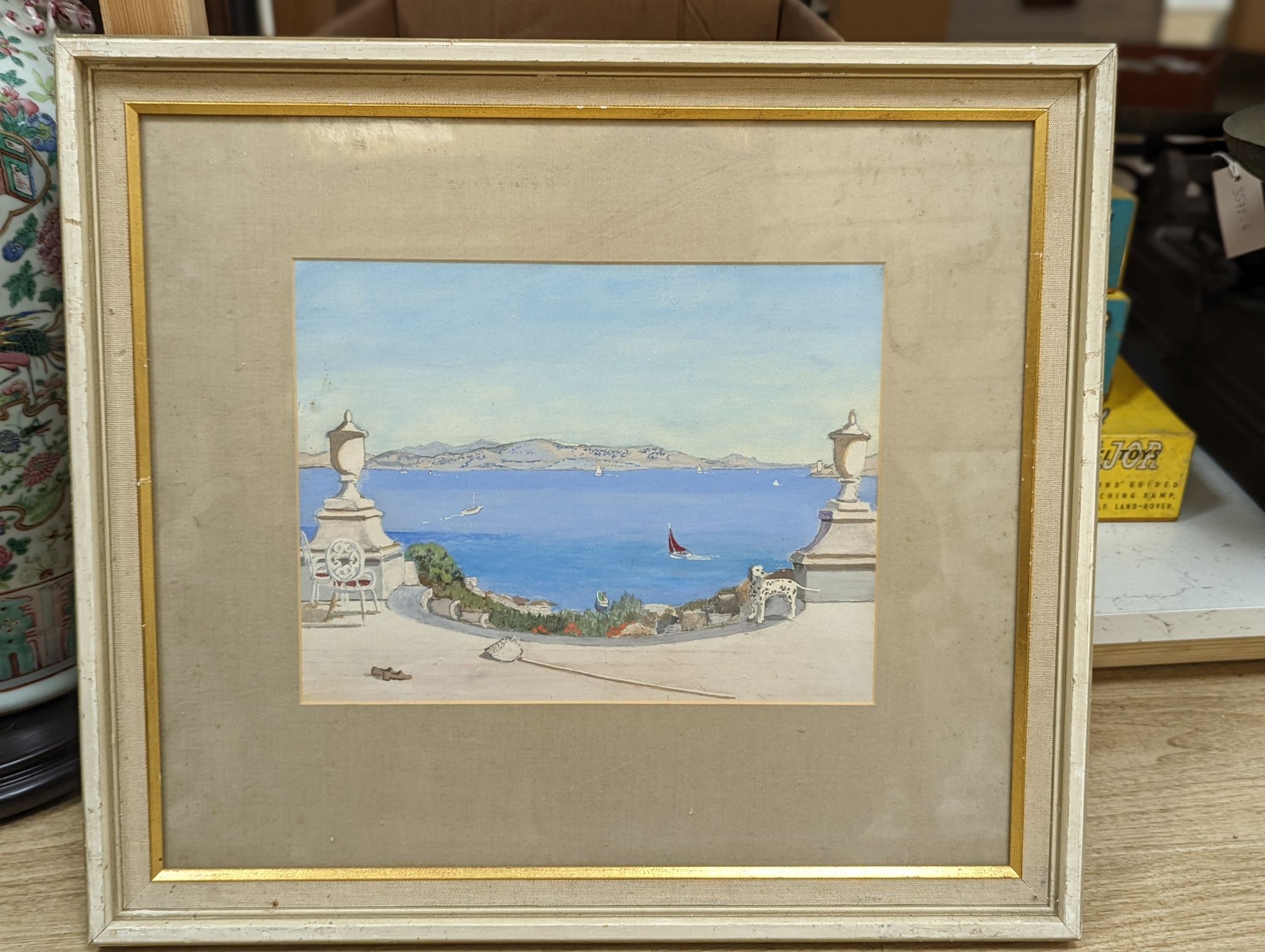 John Maude, watercolour, Coastal scene with dalmatian, label verso, 22 x 29cm